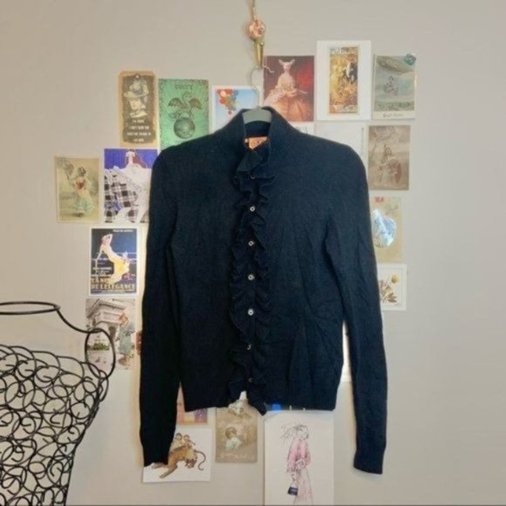 TORY BURCH RUFFLE WOOL CASHMERE CARDIGAN BLACK S